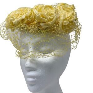Yellow Silk Floral Hat Veiled Half Hat Fascinator Derby Vintage 50s 60s‎